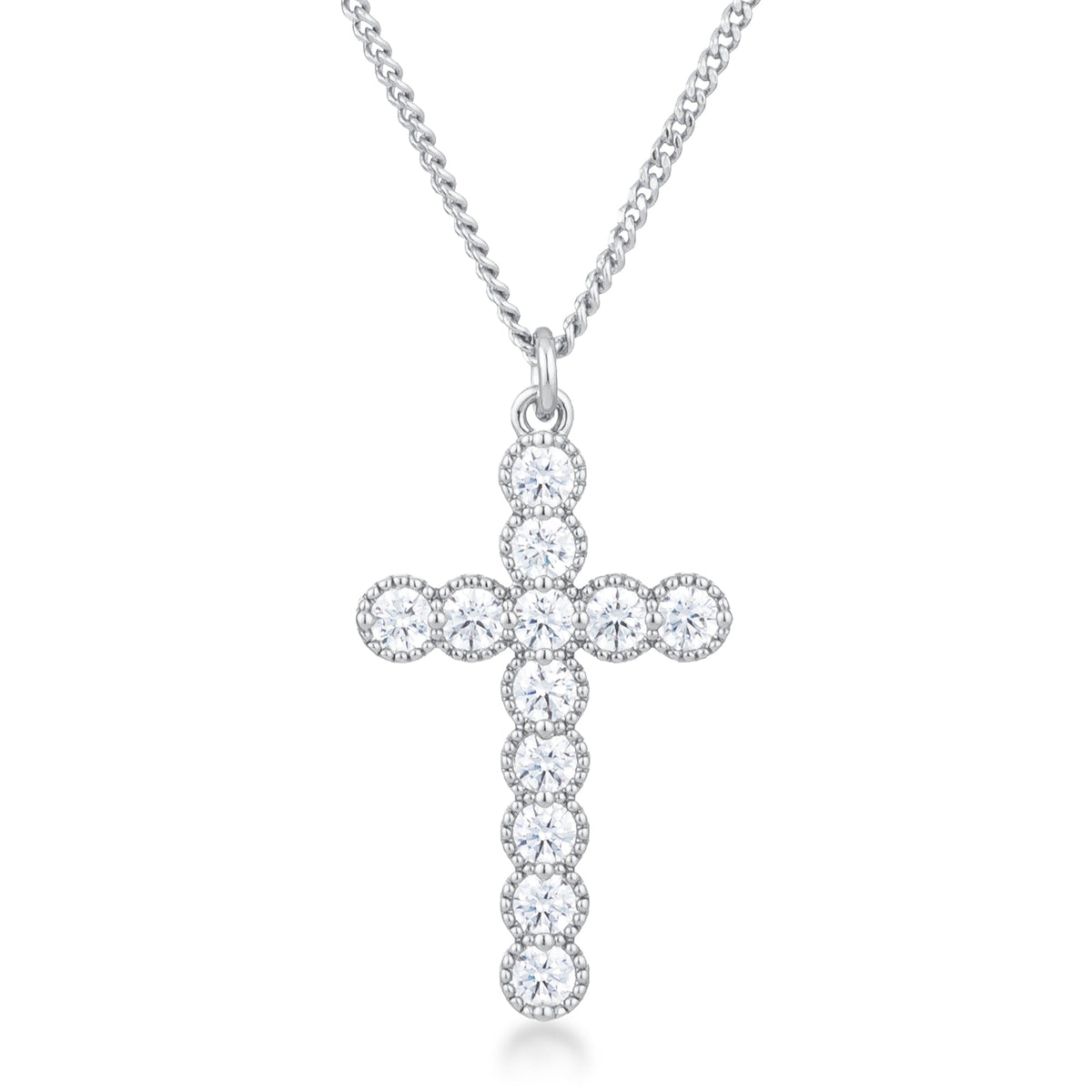 Avera Micro Beaded Plated CZ Cross Pendant Necklace