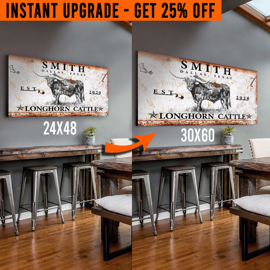 Upgrade Your 48x24 Inches 'Longhorn Rustic Cattle' (Style 3) Canvas To 60x30 Inches