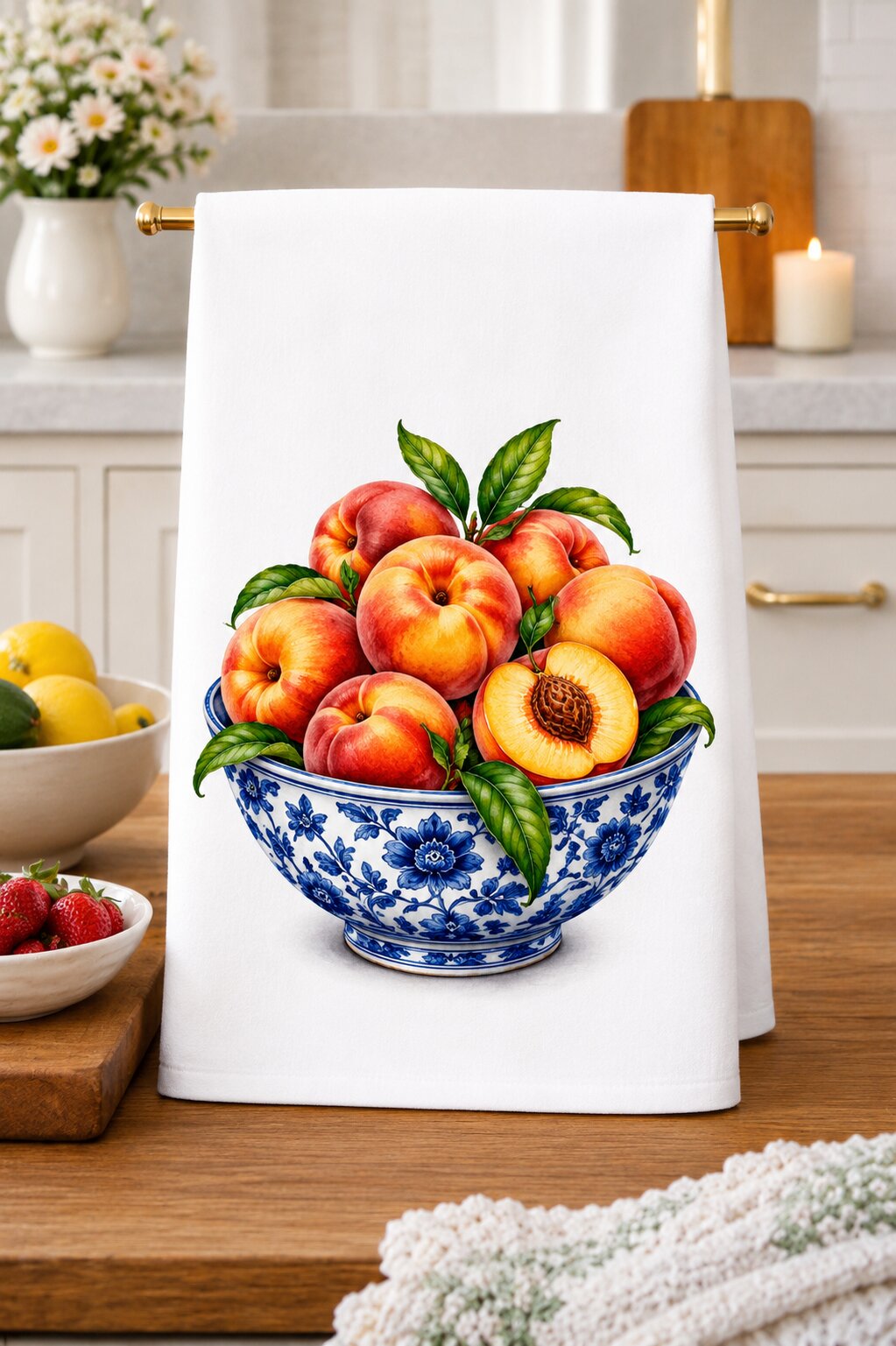 Peaches in a Blue & White Chinoiserie Bowl Kitchen Towel