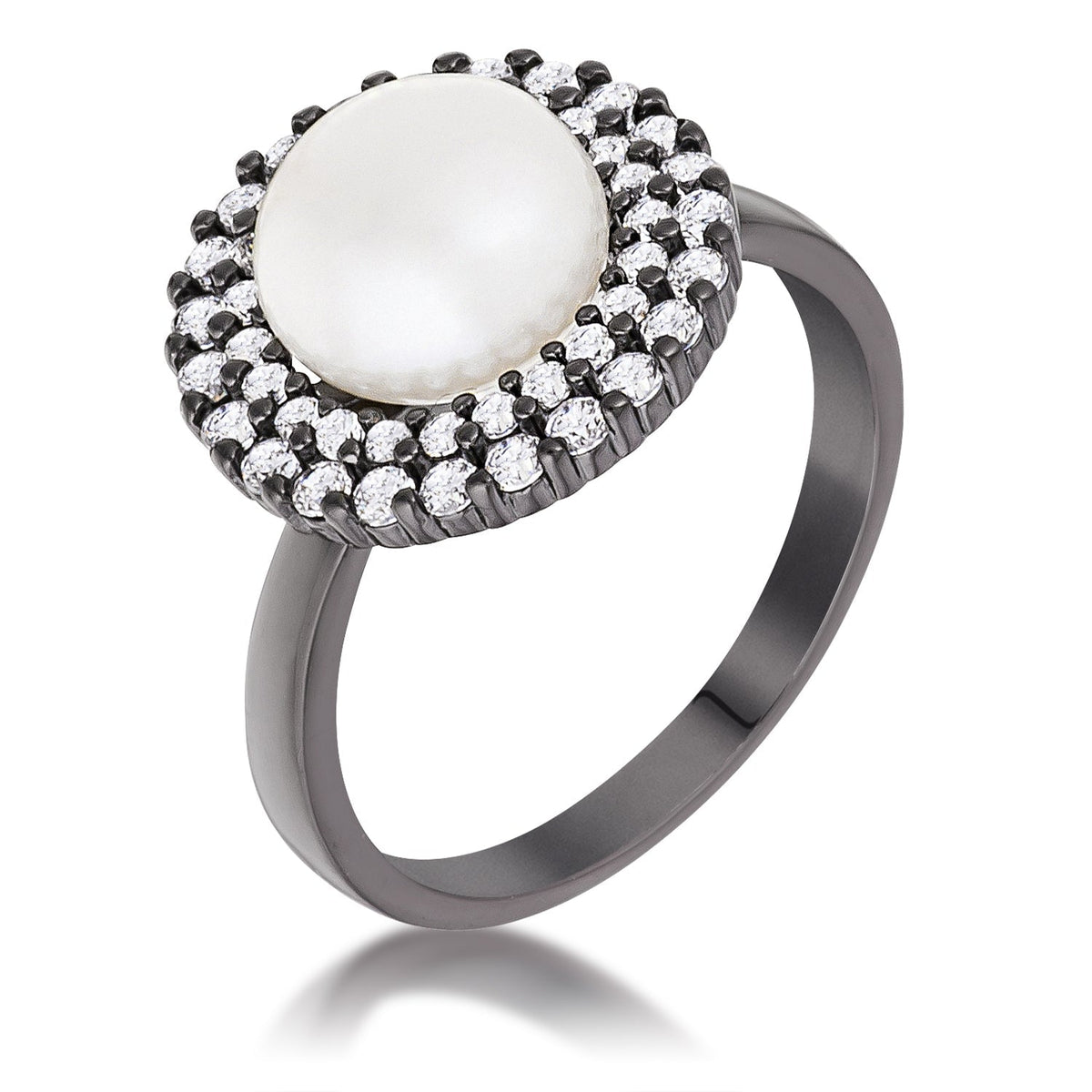 Avera Hematite Double Halo Ethereal Pearl Cocktail Ring