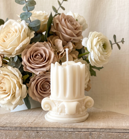 Romano Pillar Sculpture Candle – Hand-Poured Soy Wax | Ivory & Brown
