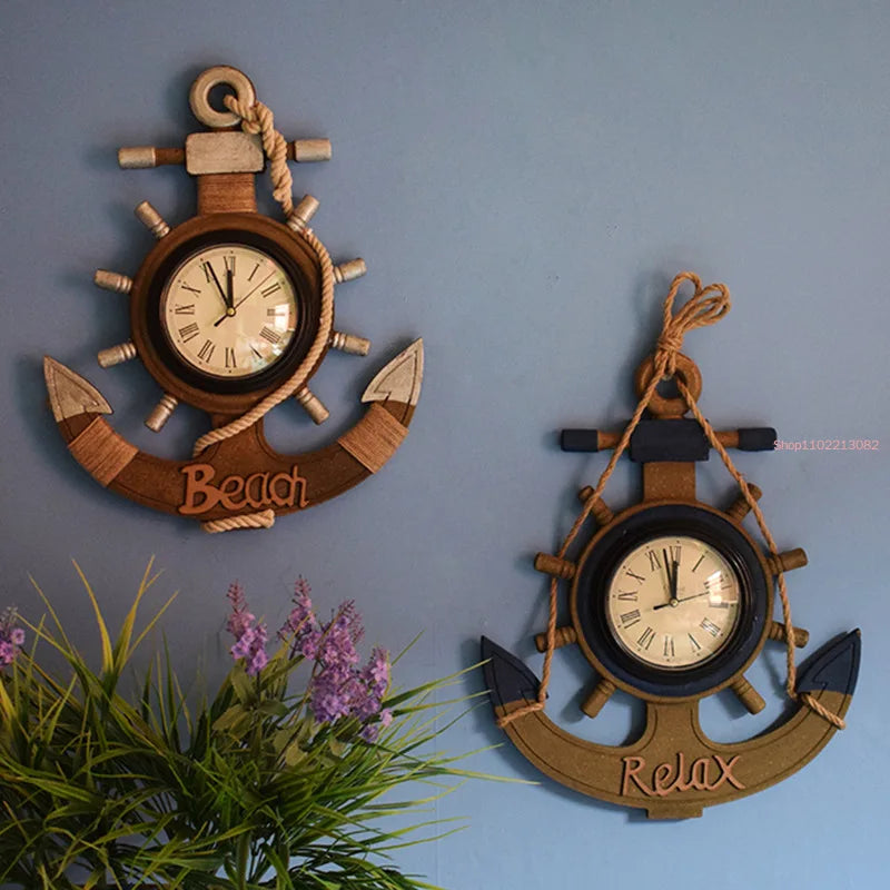 Mediterranean Retro Style Anchor Wall Clock Wooden Rudders Silent Hanging Clocks Coffee Bar Home Decorations