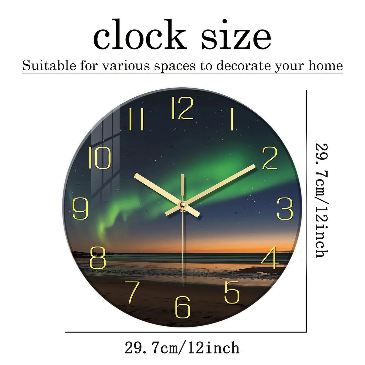 1pc Glass Wall Clock, Beach Aurora Design Wall Clock, Silent Clock, Home Decoration, Living Room Bedroom Room Decoration