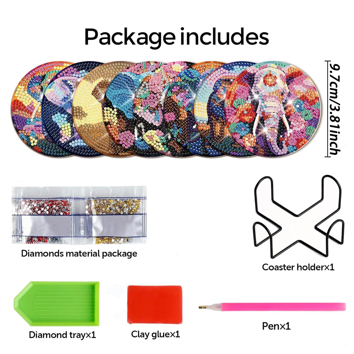 8 Pieces/Set of Diamond Painted Elephant Patterns, DIY Coasters with Brackets, Non Slip Beverage Coasters, Mosaic Production