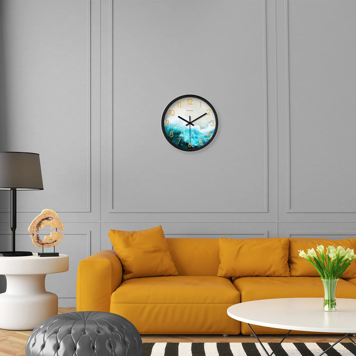 8inch Modern Fashion Seaside Beach Pattern Plastic Glass Wall Clock Living Room Bedroom Kitchen Home Decoration Wall Clock Silent Quartz Clock Holiday Gift (No Battery)