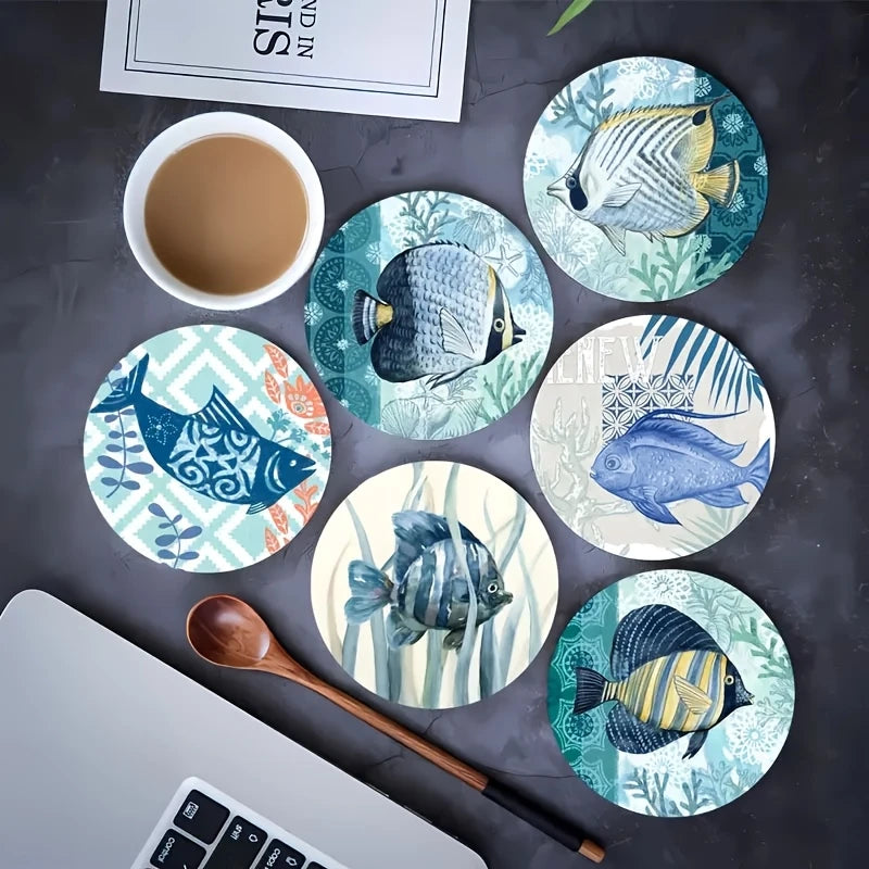 10CM 6PCS 2D Ecology Ocean Underwater Scene Wooden Coasters Ocean Surroundings Furniture Decoration Gift Desktop Protection