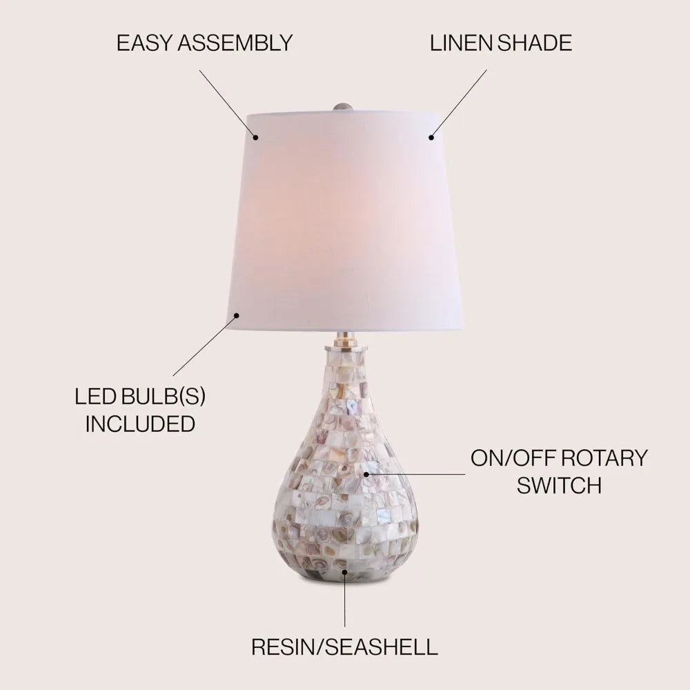 US Shipping Modern White Linen Drum Shade LED Table Lamp Mother of Pearl Seashell Coastal Bedside Nightstand Lamp for Living