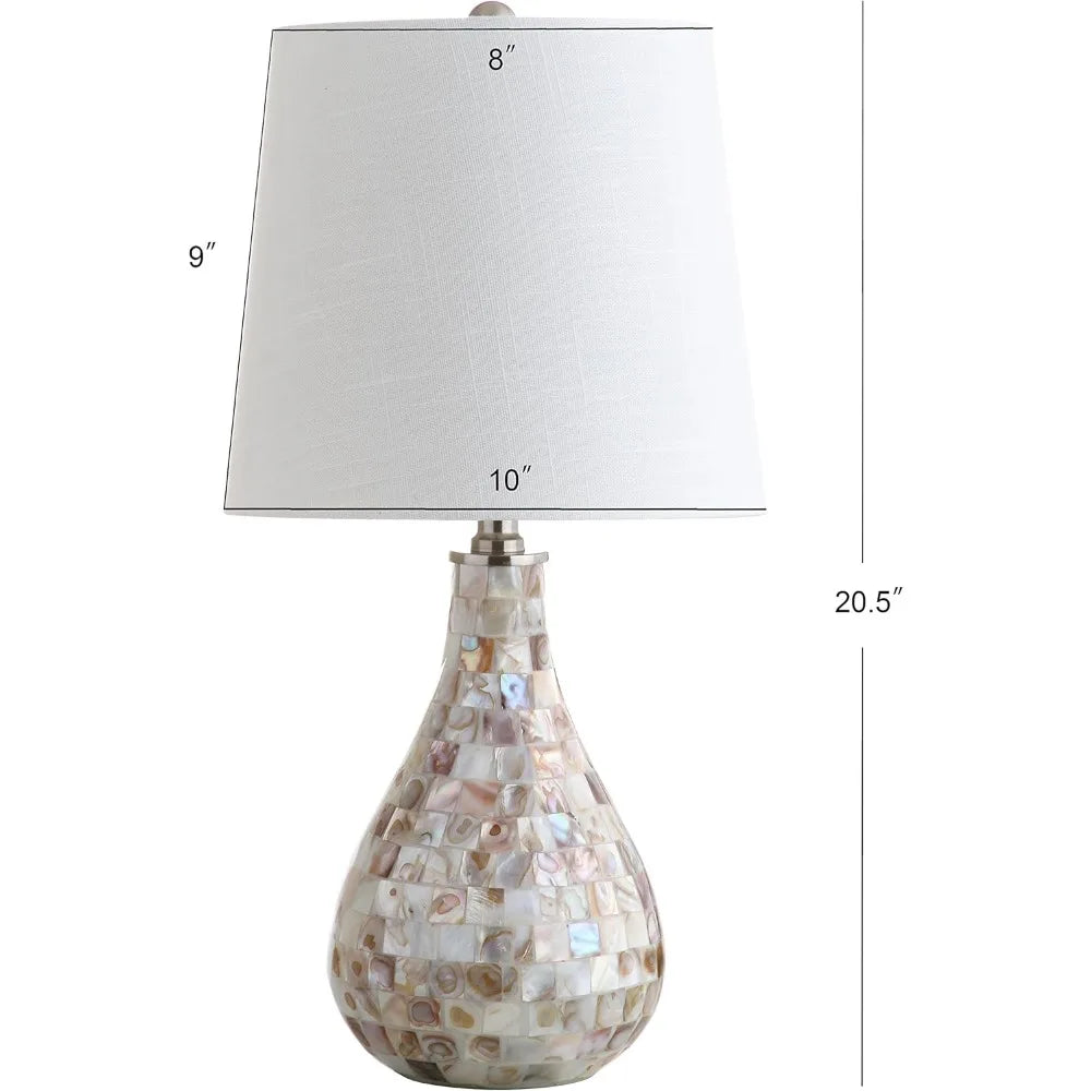 US Shipping Modern White Linen Drum Shade LED Table Lamp Mother of Pearl Seashell Coastal Bedside Nightstand Lamp for Living