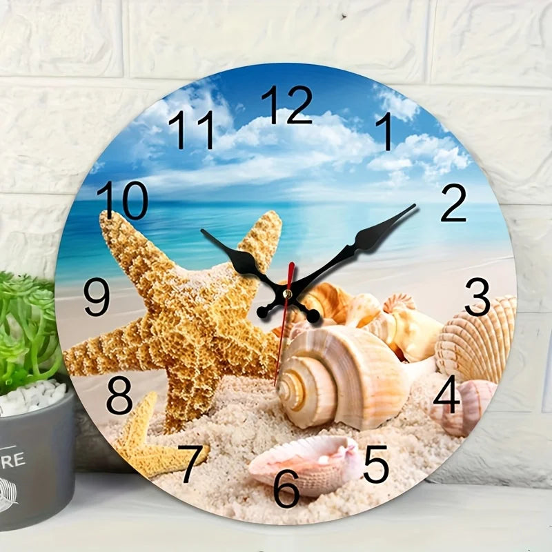 Round Wall Clock/Beach And Shell Theme/Silent Operation Without Ticking/Perfect for Home Decoration During Holidays And As a Gift