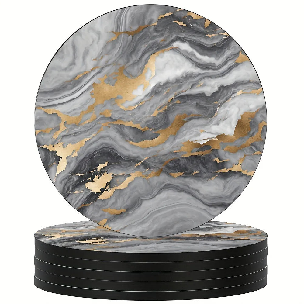 6Pcs 4 Inch Marble Veining Wooden Drink Coasters Set Round Absorbent Coasters Funny Coasters for Cold Drinks Wine Mugs Cups