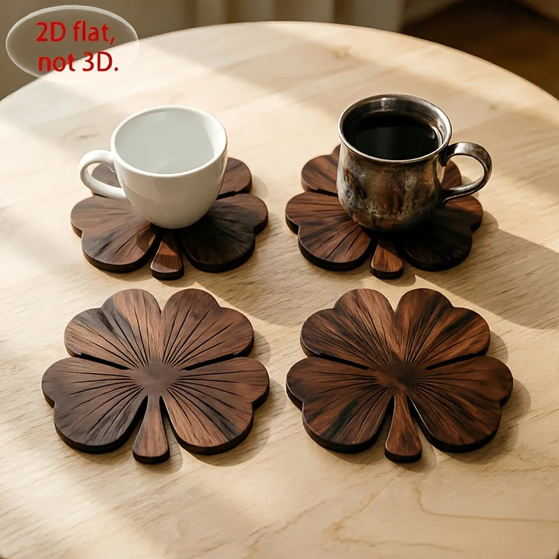 2D Flat Clover Wooden Coasters, 4pcs Walnut-Colored Coasters, Luxurious Desktop Protection Coaster Set for Coffee And Tea Cups