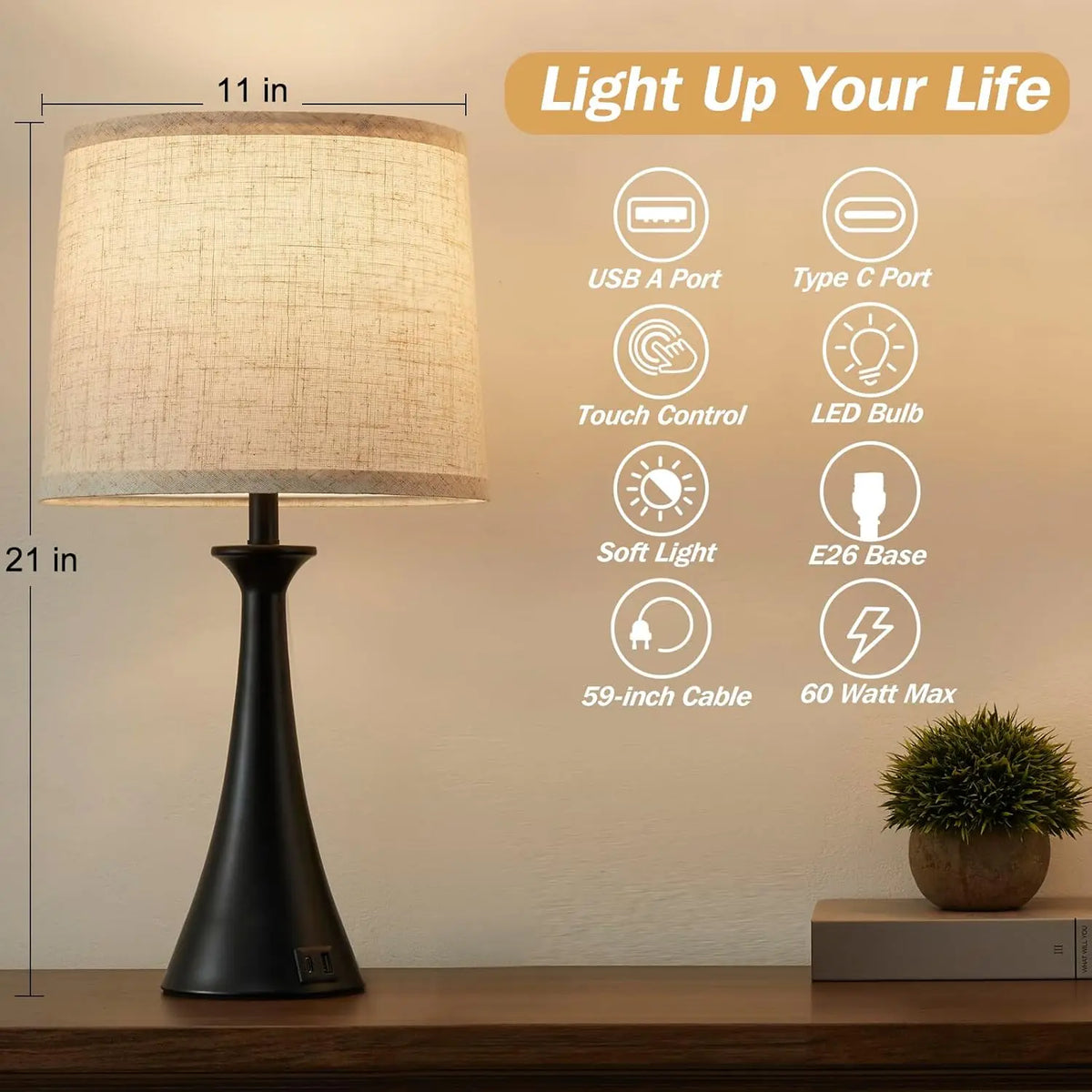 Touch Lamp for Living Room Bedroom, 21" Table Lamps Set of 2 with USB C+A Ports, Touch Bedside Lamps for Nightstand with 3 Way