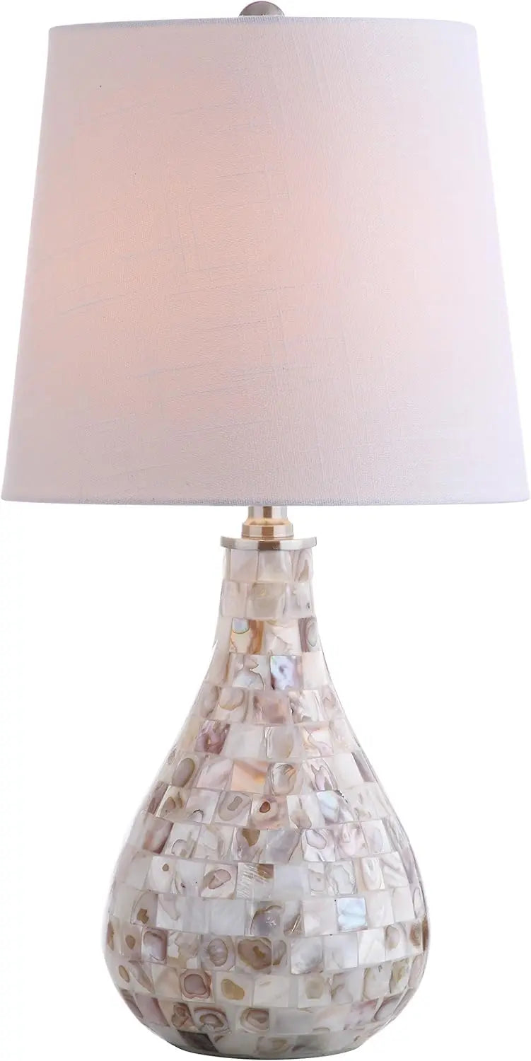Seashell Coastal Mini LED Table Lamp with White Linen Drum Shade for Living Room Bedroom Nightstand, Modern Decor, LED Bulb