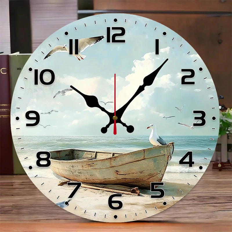 Dolphin Anchor Wooden Round Silent Hanging Wall Clock, Suitable For Living Room, Office, Study Room, Bedroom, Home Decoration
