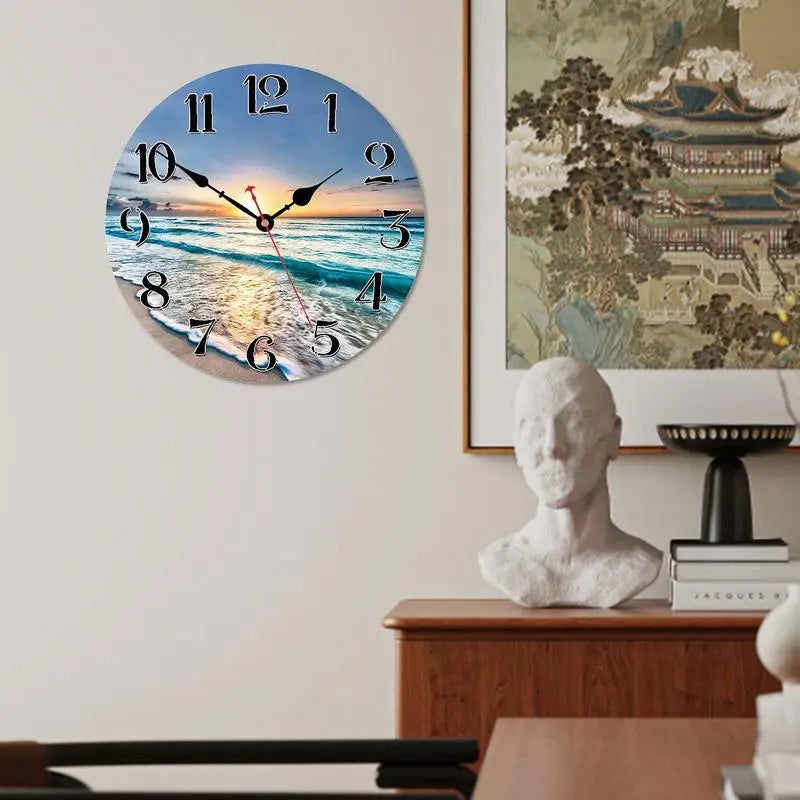 Beach Blue Wall Clocks Non Ticking Vintage Rustic Coastal Clock for Girl Boy Bedroom Bathroom Kitchen Living Room Office