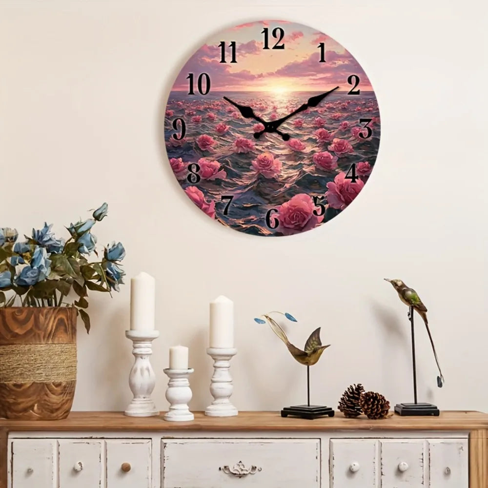 1pc of a Quiet Wall Clock That Doesn'T Tick, Featuring a Decorative Round Design with an Abstract Floral Ocean Sunset Theme, Sui