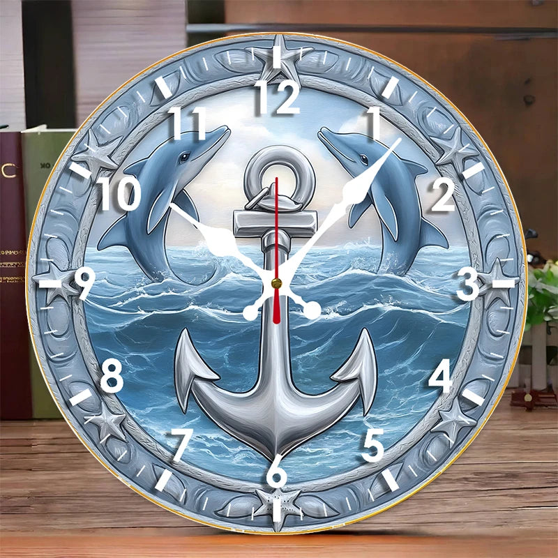 Dolphin Anchor Wooden Round Silent Hanging Wall Clock, Suitable For Living Room, Office, Study Room, Bedroom, Home Decoration