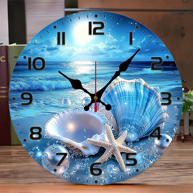 Shining Seaside Shells Wooden Round Silent Hanging Wall Clock,Suitable For Living Room,Office,Study Room,Bedroom,Home Decoration