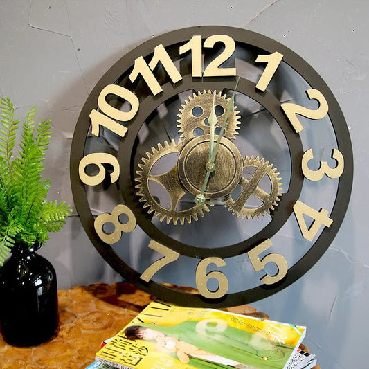 Vintage Gear Wall Clock Industrial Style Wood & Metal Wall Timepiece American Rustic Decor for Bar or Cafe Wall Use - Unique Finds Market LLC