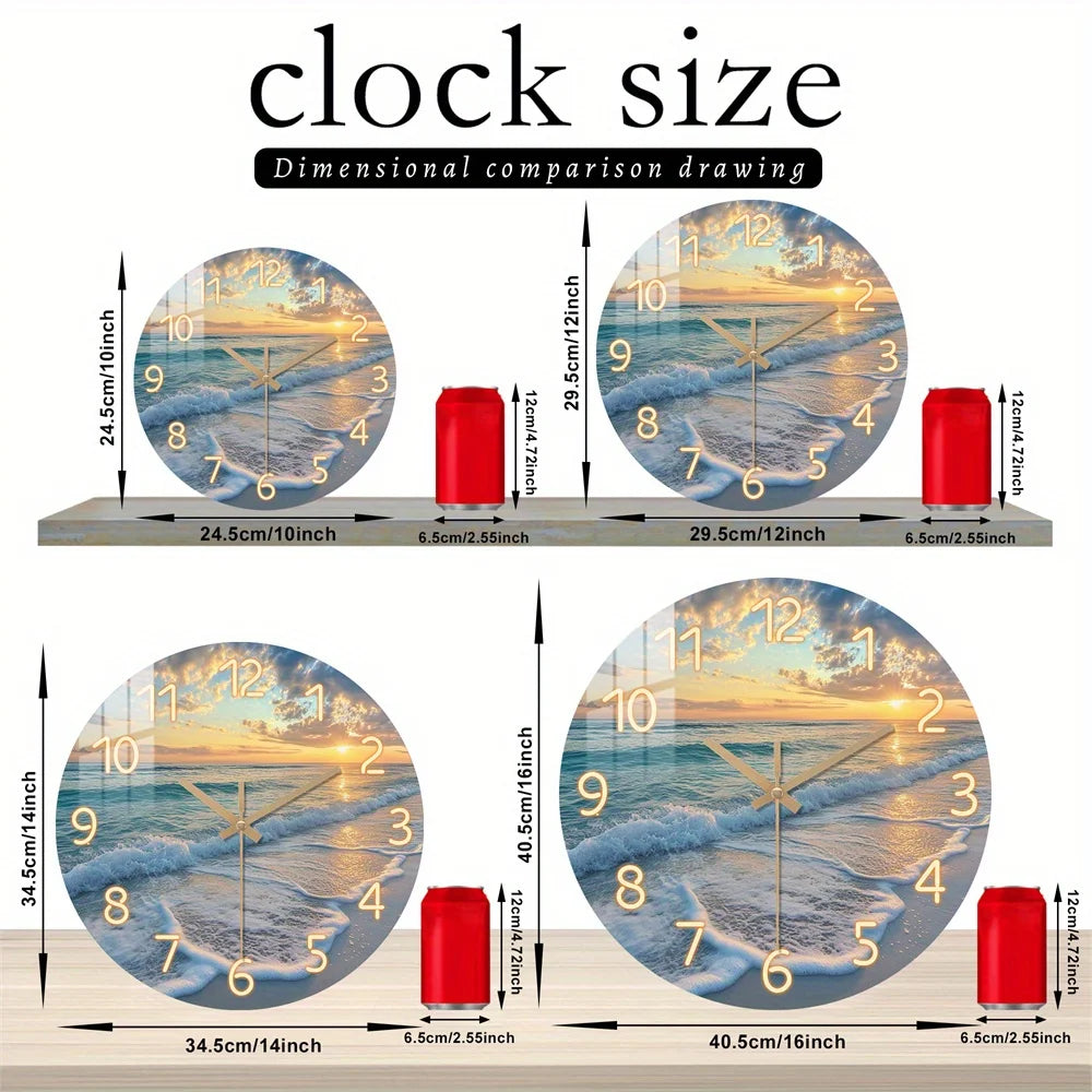 Wall Clock, Nature Theme Beach Sunset Pattern Design, Tempered Film Veneer Silent, Suitable for Living Room Bedroom Beach House Decor, Ideal for Summer Holiday Gifts, Battery Powered (Excluding AA Battery), 1pc