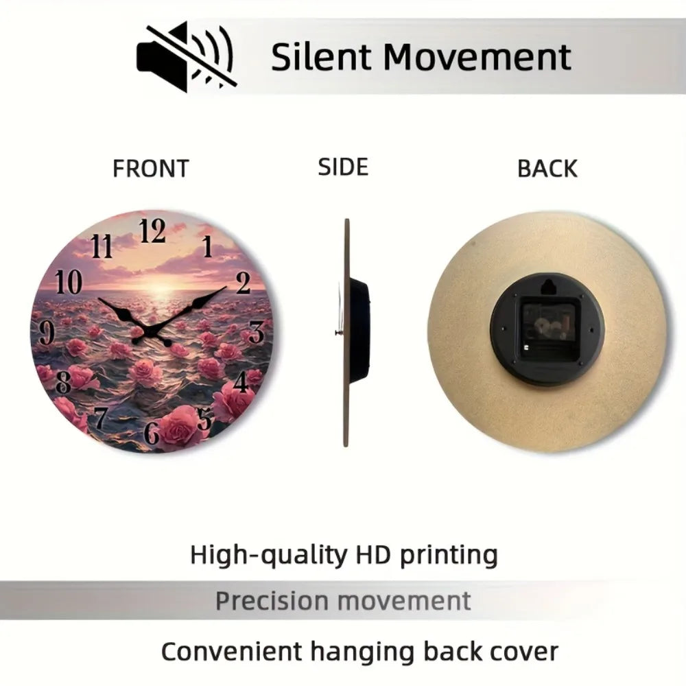 1pc of a Quiet Wall Clock That Doesn'T Tick, Featuring a Decorative Round Design with an Abstract Floral Ocean Sunset Theme, Sui