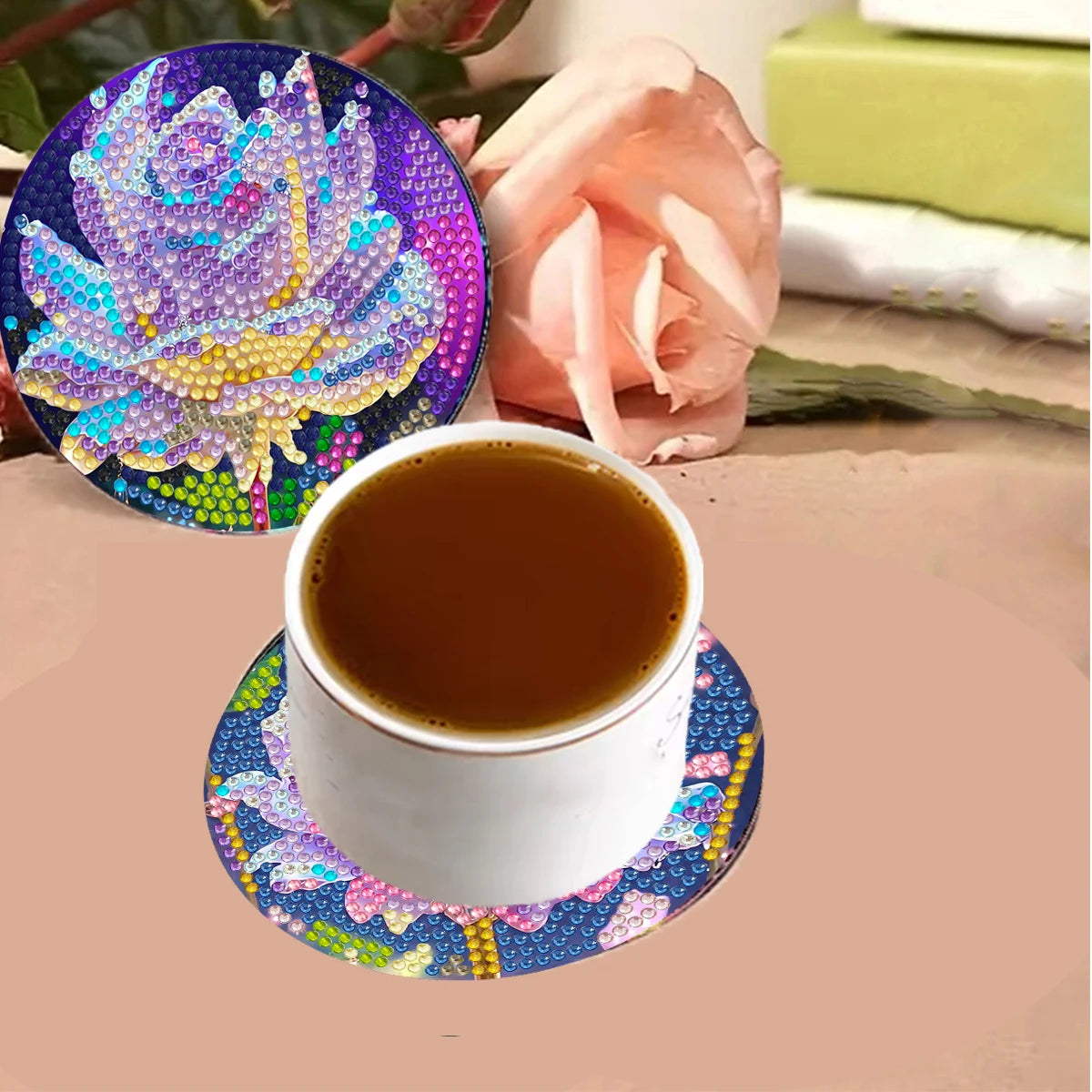 6 Pieces/Set of Flower Patterned Diamond Painted Wooden Coasters, DIY Creative Diamond Painted Coasters, Holiday Gifts