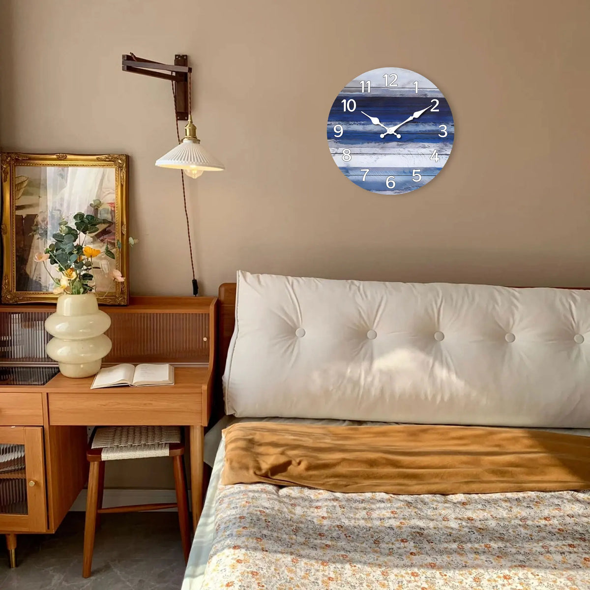 Rustic Beach Wooden Wall Clock - Do old vintage blue wood texture design wall clock, round mute clock, Coast Marine theme blue w