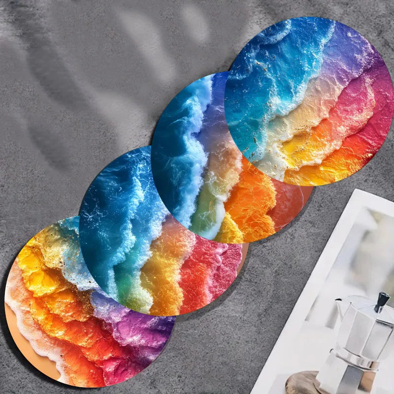 4-piece set of dreamy beach pattern art coasters, anti-slip wooden coasters, suitable for living rooms, offices and bars