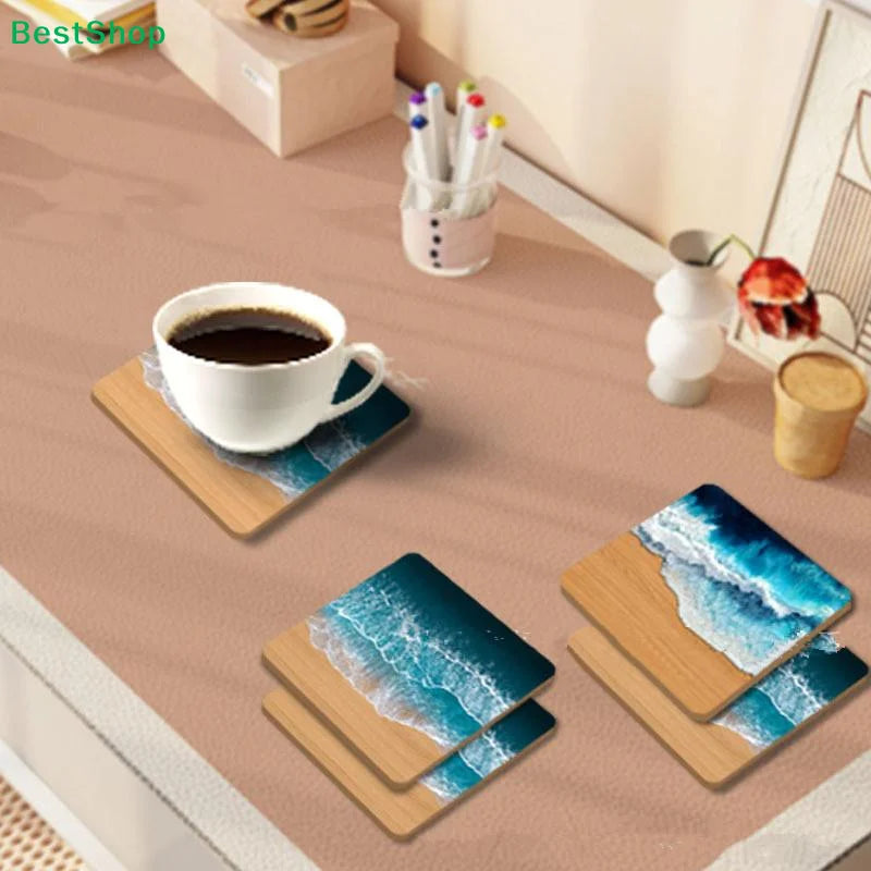 ♥5-Pack Ocean Wave Resin Coasters - Beach Themed Wooden Base Drink Coasters for Home & Office