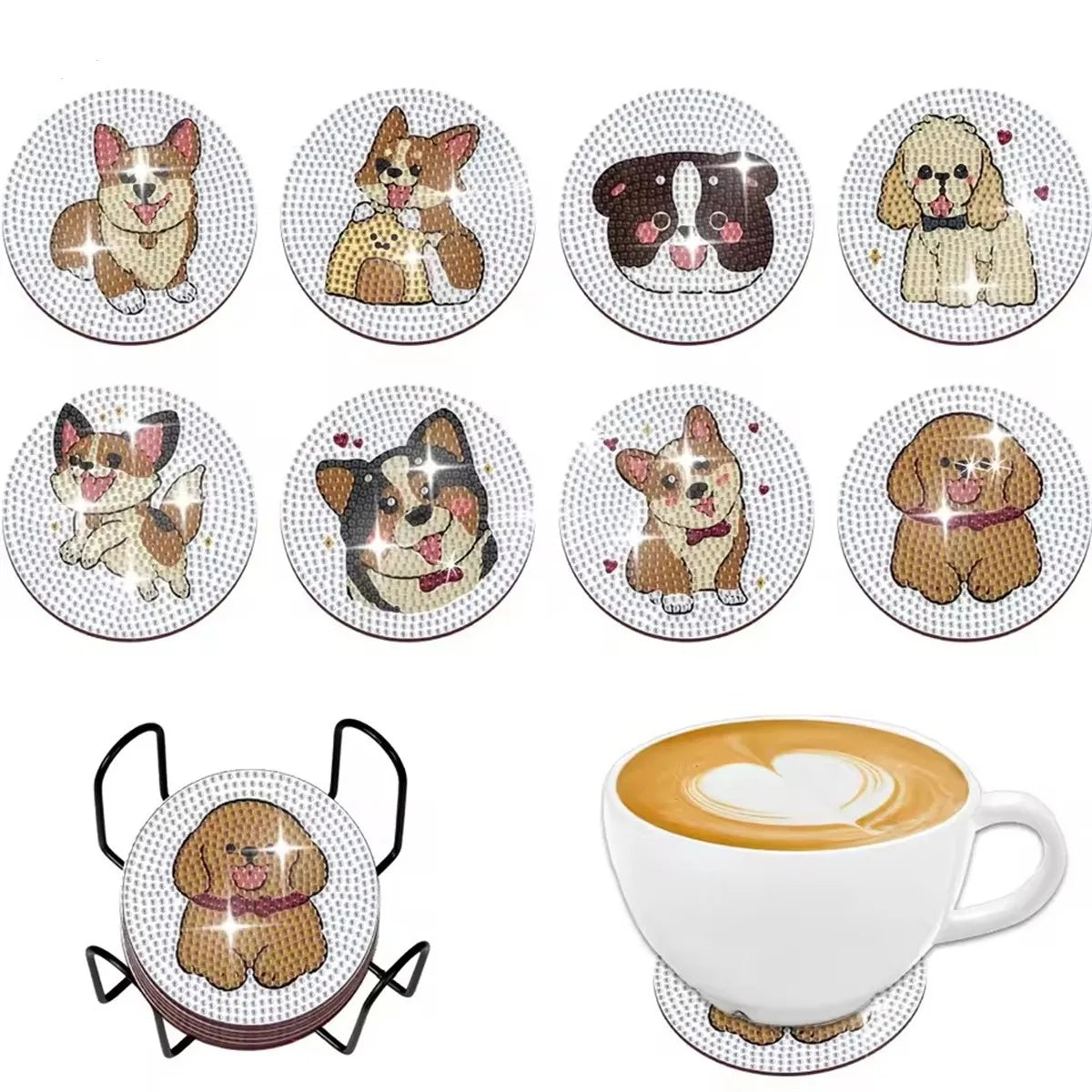 8 Pieces of Diamond Art Painting Coasters with Brackets, DIY Cat Patterned Diamond Art Coasters, Suitable for Both Adults and Be