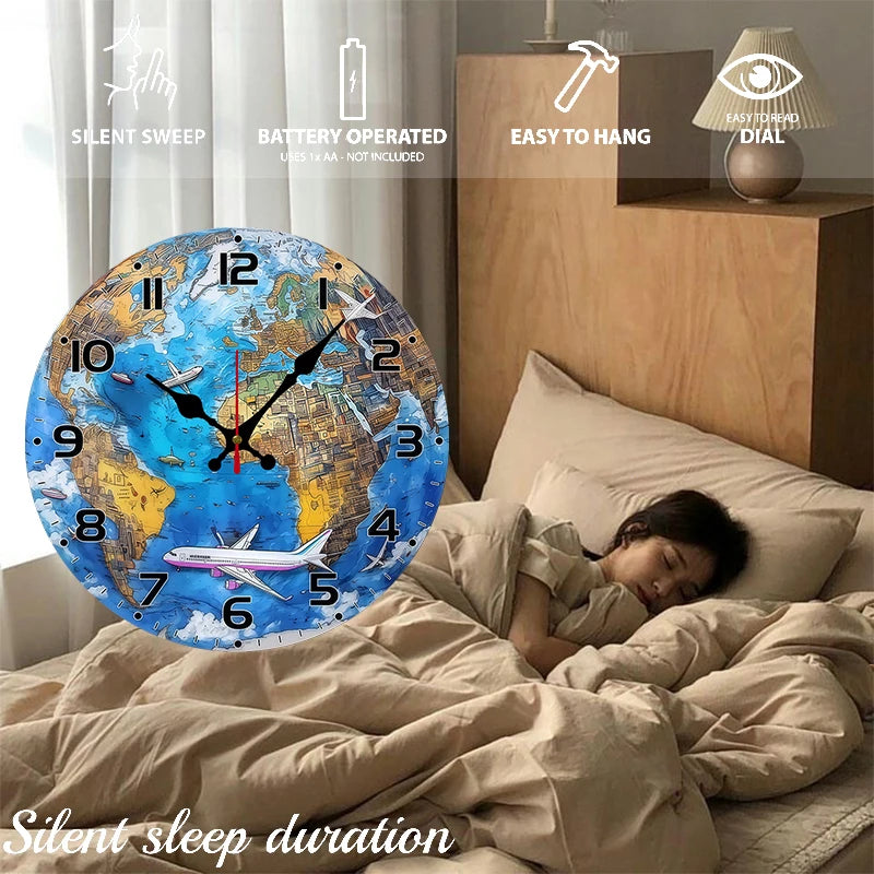 World Map Wooden Round Silent Hanging Wall Clock, Suitable For Living Room, Office, Study Room, Bedroom, Home Decoration.