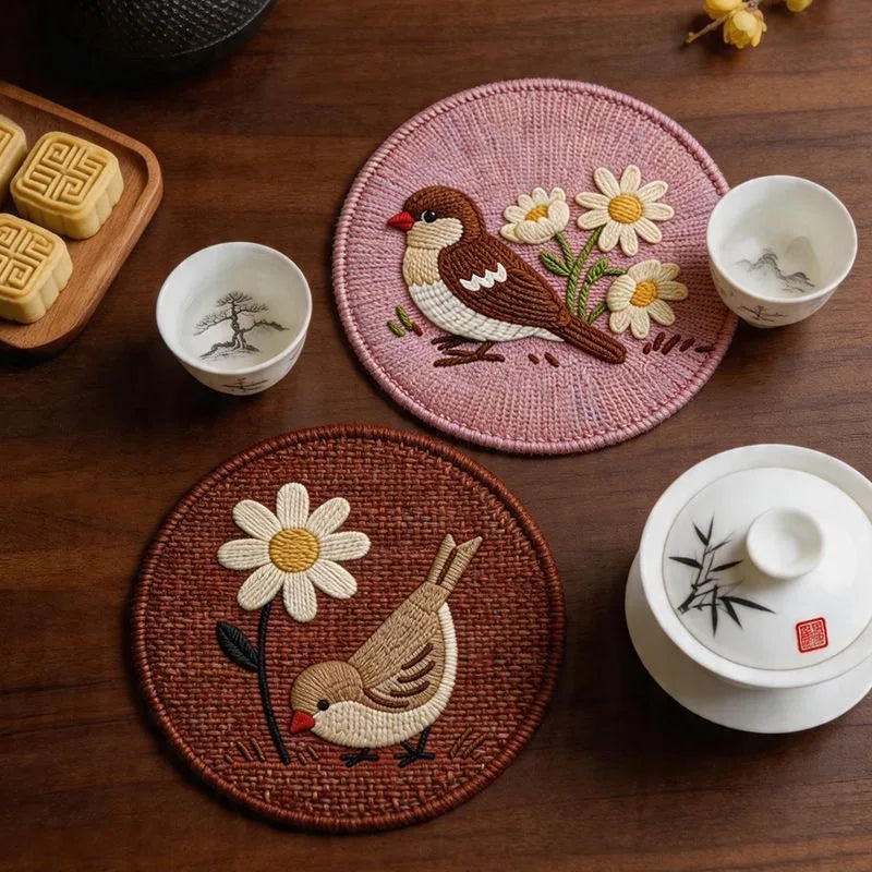 4PCS Chinese Diatom Mud Braided Coasters Heat Resistant Round Placemats Non Slip for Kitchen Tea Coffee Home