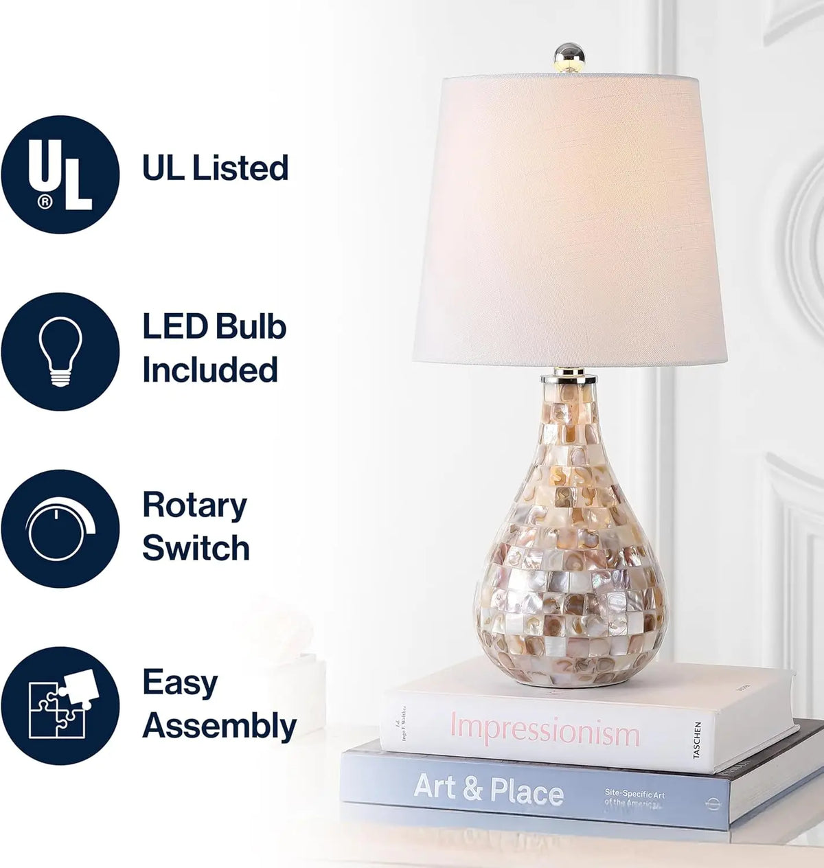 Seashell Coastal Mini LED Table Lamp with White Linen Drum Shade for Living Room Bedroom Nightstand, Modern Decor, LED Bulb