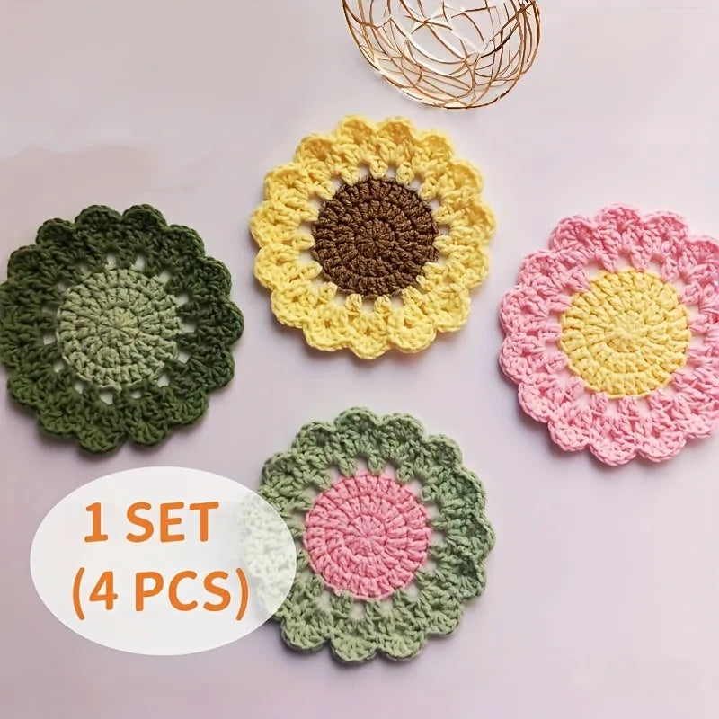 4 Pack Cute Handmade Flower Coaster Set, Funny Pink Crochet Plant Pot Coasters, Drink Cup Mats, Soft Desktop Bar Decor Coasters,