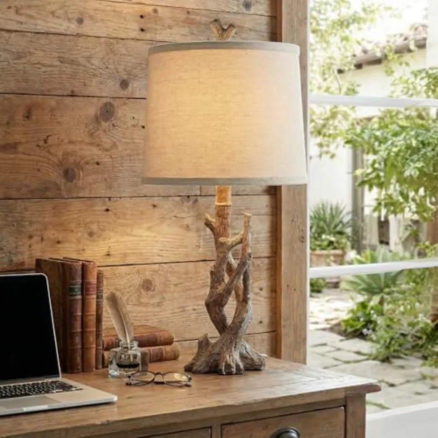 23" Rustic Farmhouse Table Lamp Country Cottage Lamps for Nightstand Tree Trunk Wood Grain Lamp for Bedroom Living Room with Oa