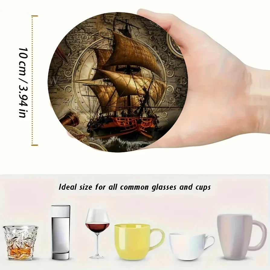 6PCS Retro Classic Pirate Ship Themed 2D Flat Wooden Coasters Tea Cups Coffee Cups Decorative Home Dining Room Bar Hotel Items