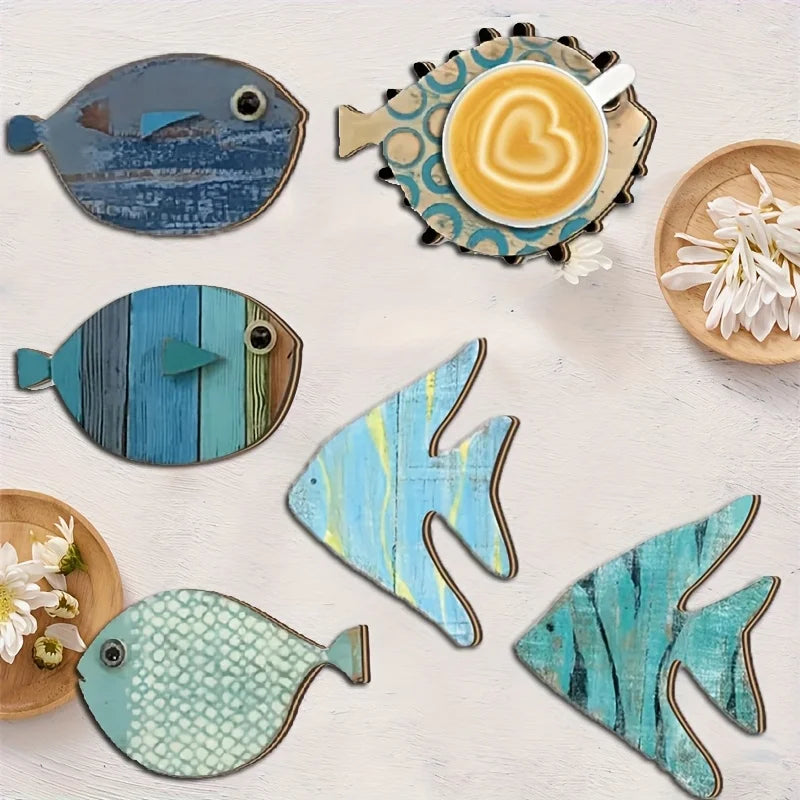 6pcs 2D Fish-Shaped Wooden Coasters Anti-skidding Heat-Resistant Beach-Themed Kitchen Decoration Maritime Style Coffee Shop Use