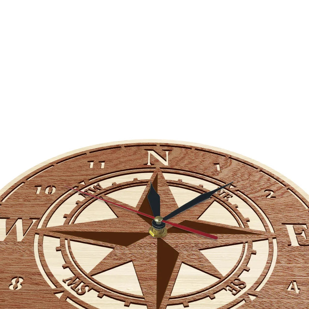 Compass Wind Rose Dual Layers Wooden Wall Clock For Living Room Nautical Navigation Home Decor Clock Marine Direction Wall Watch