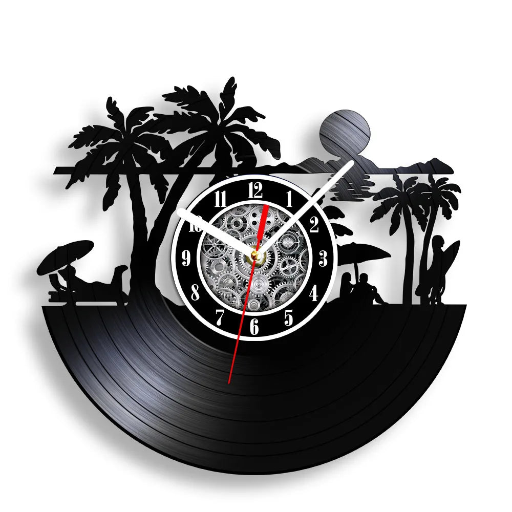 Water Sport Surfing Vinyl Record Wall Clock Sea Wave Coastal Landscape Wall Art Handicraft Carved Music Album Clock Surfer Gifts