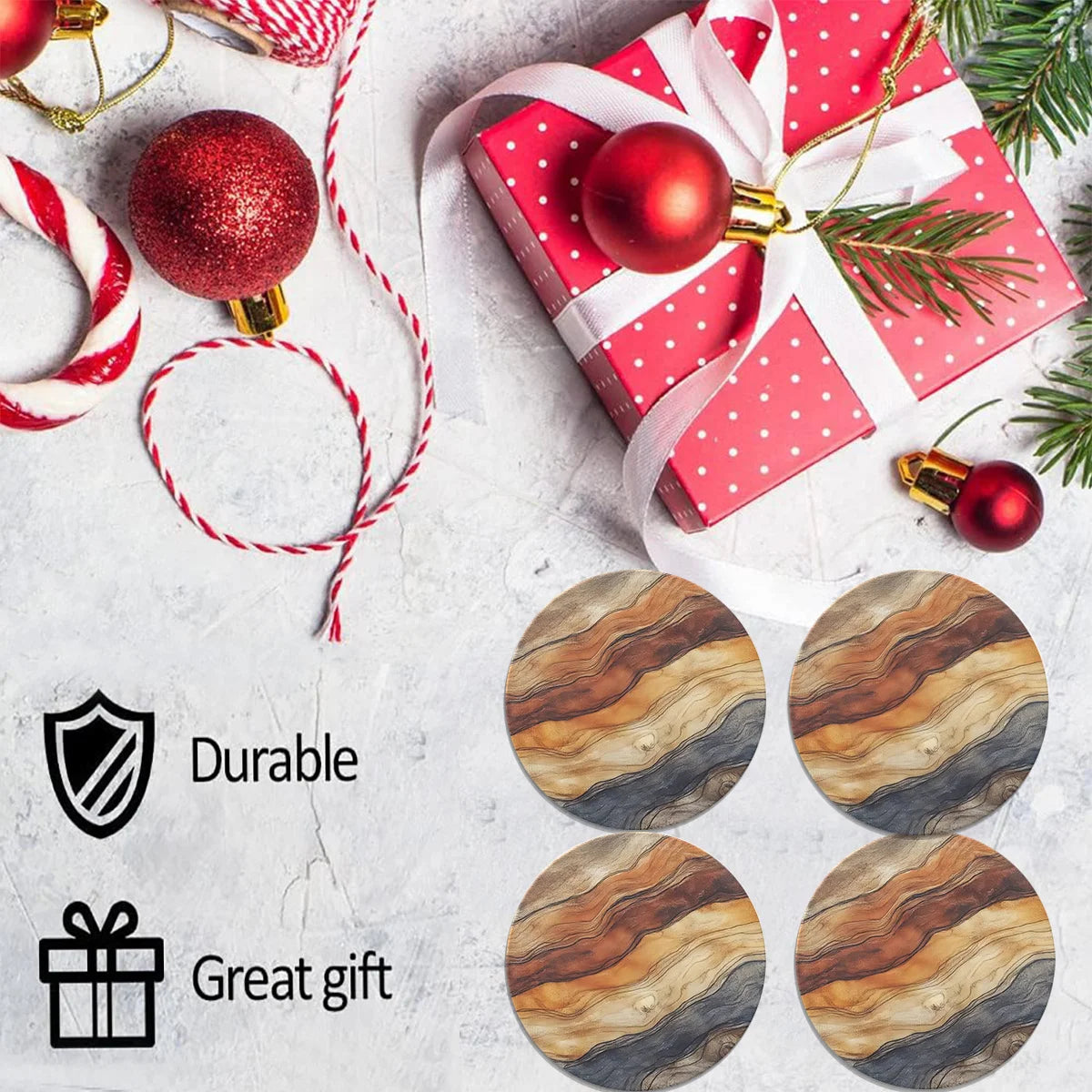 4in Exquisite Marble-Patterned Wooden Decorative Cup 2D Flat Coasters Heat-Resistant Anti-Slip Wood Grain Tabletop Protection