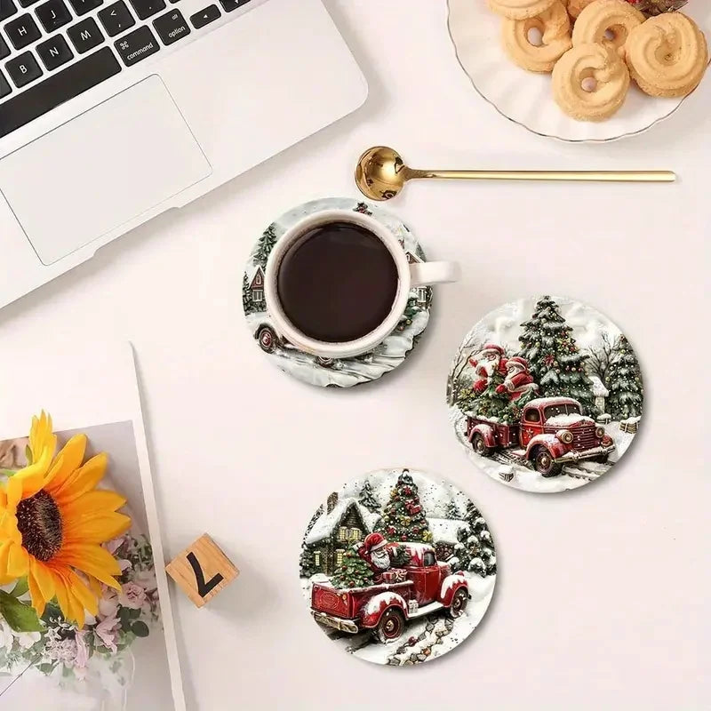 6 Pieces/Sets of Christmas-Style Patterned Printed Wooden Anti-Slip Coasters, Suitable for Beginners and Adults as Gifts
