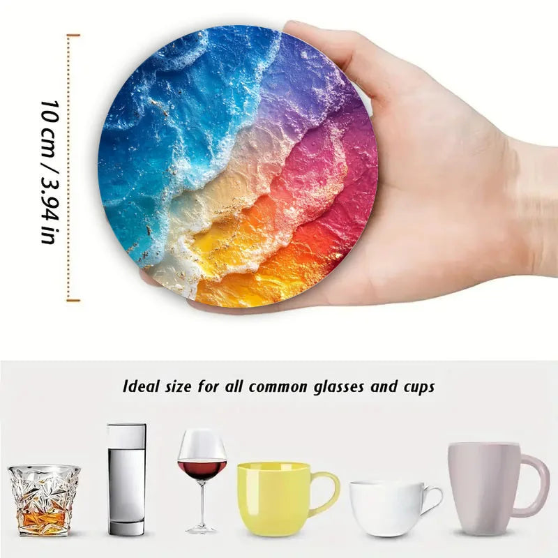 4-piece set of dreamy beach pattern art coasters, anti-slip wooden coasters, suitable for living rooms, offices and bars