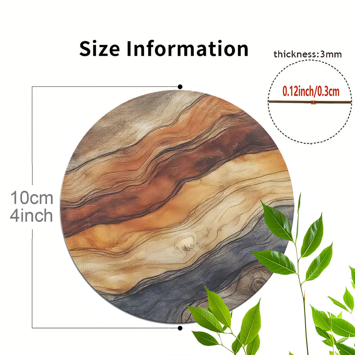 4in Exquisite Marble-Patterned Wooden Decorative Cup 2D Flat Coasters Heat-Resistant Anti-Slip Wood Grain Tabletop Protection
