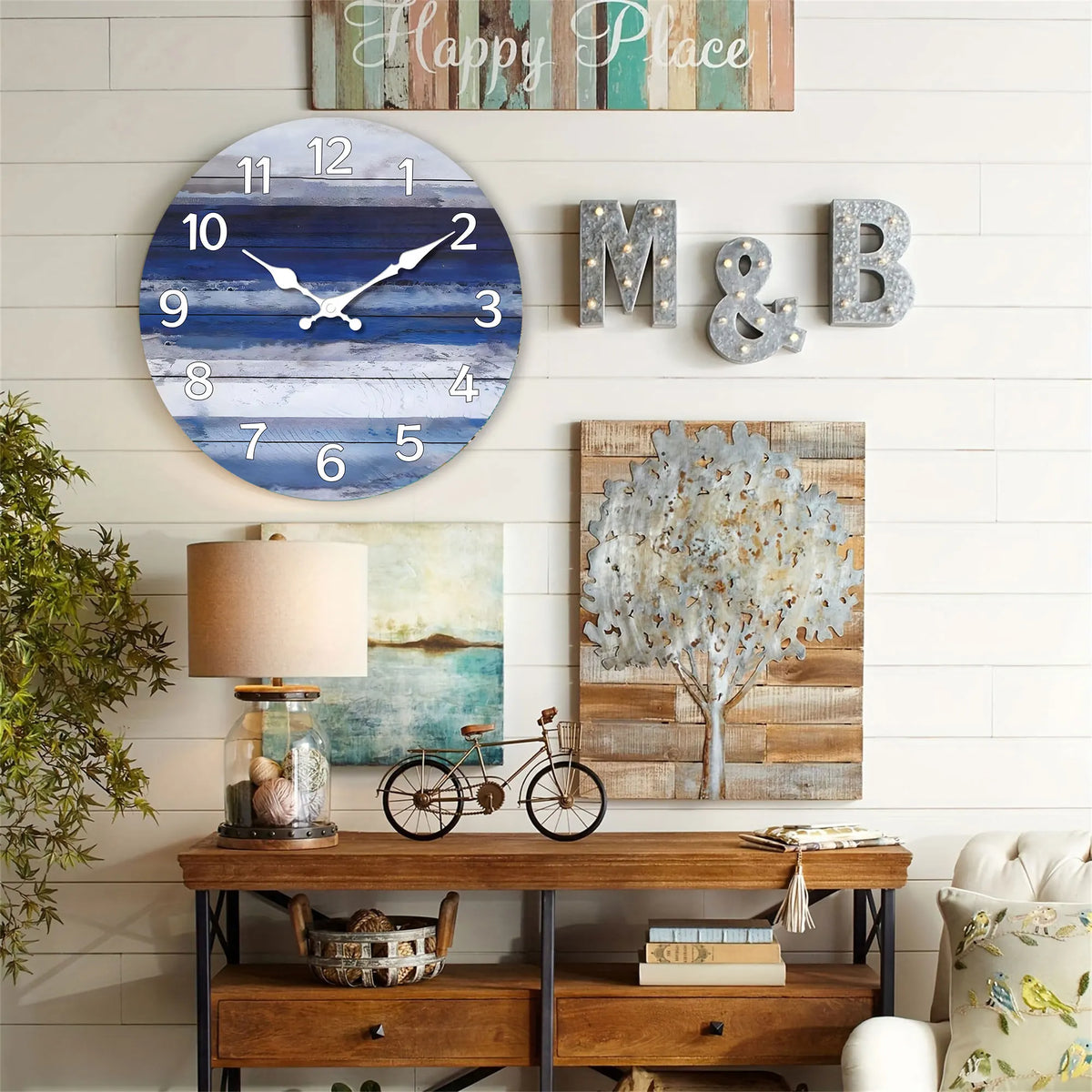 Rustic Beach Wooden Wall Clock - Do old vintage blue wood texture design wall clock, round mute clock, Coast Marine theme blue w