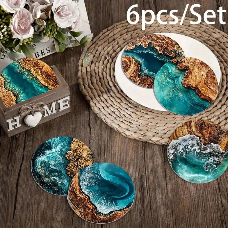 M-6Pcs Ocean Wave & Wood Grain Coasters Set Heat-Resistant Drink Coasters For Coffee/Tea Mugs, Beach Theme Home Decor