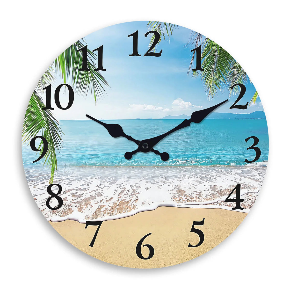 Light Luxury Beach Pattern Wooden Wall Clock for Living Room, Bedroom, Kitchen, Home Decoration, Silent Quartz Clock, Holiday Gift, 10 Inches, 12 Inches (No Battery)