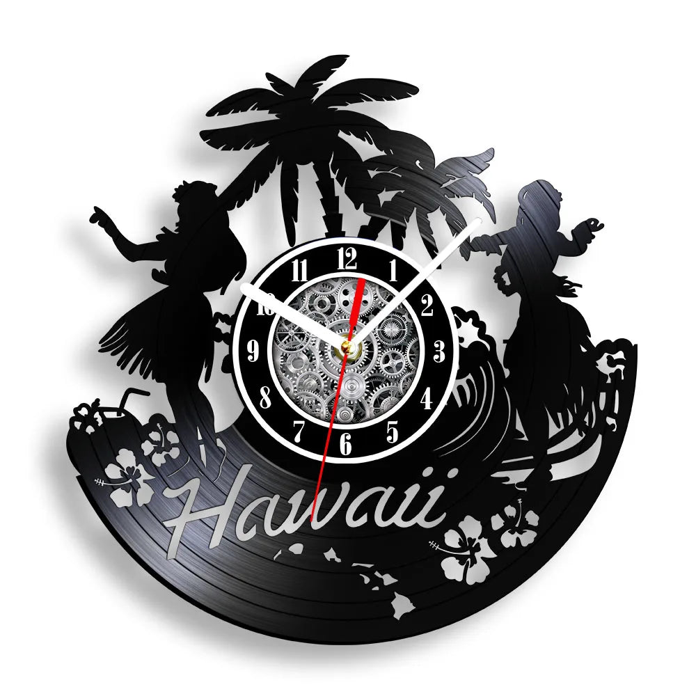 Water Sport Surfing Vinyl Record Wall Clock Sea Wave Coastal Landscape Wall Art Handicraft Carved Music Album Clock Surfer Gifts