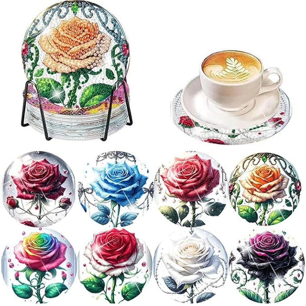 8 Pieces/Set Rose and Diamond Painting Coaster Set, DIY Coaster with Holder, Beginner and Adult Diamond Craft Gift