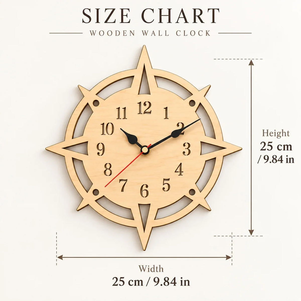 Wooden Compass Wall Clock, Nautical Coastal Home Decor, Laser Cut Wood Clock, Rustic Beach House Clock, Unique Housewarming Gift