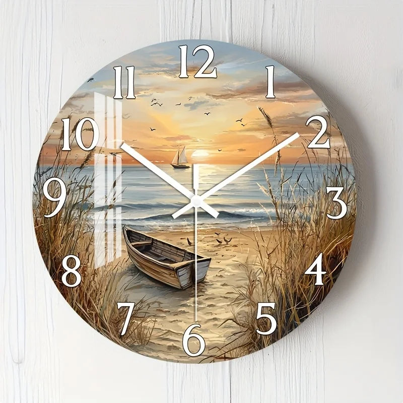 [2D Flat Wall Clock] 1pc 2D Flat Wall Clock Non-Ticking Wooden, Circular Clock HD Glossy Lamination Finish Serene Coastal Sunset with Boat Design for Bedroom, Dining Room, Entryway, Lounge, Reading Corner 10" 12" 14" 16" (No